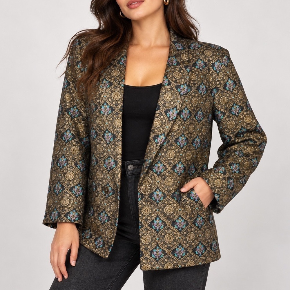 Vintage 90s Oversized Metallic Print Blazer‎ Black Gold Maximalist Statement